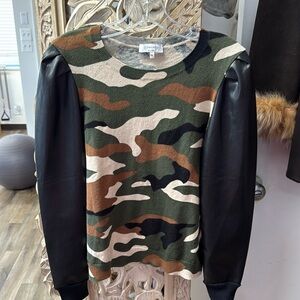 J Society camo sweater with faux leather black sleeve worn once